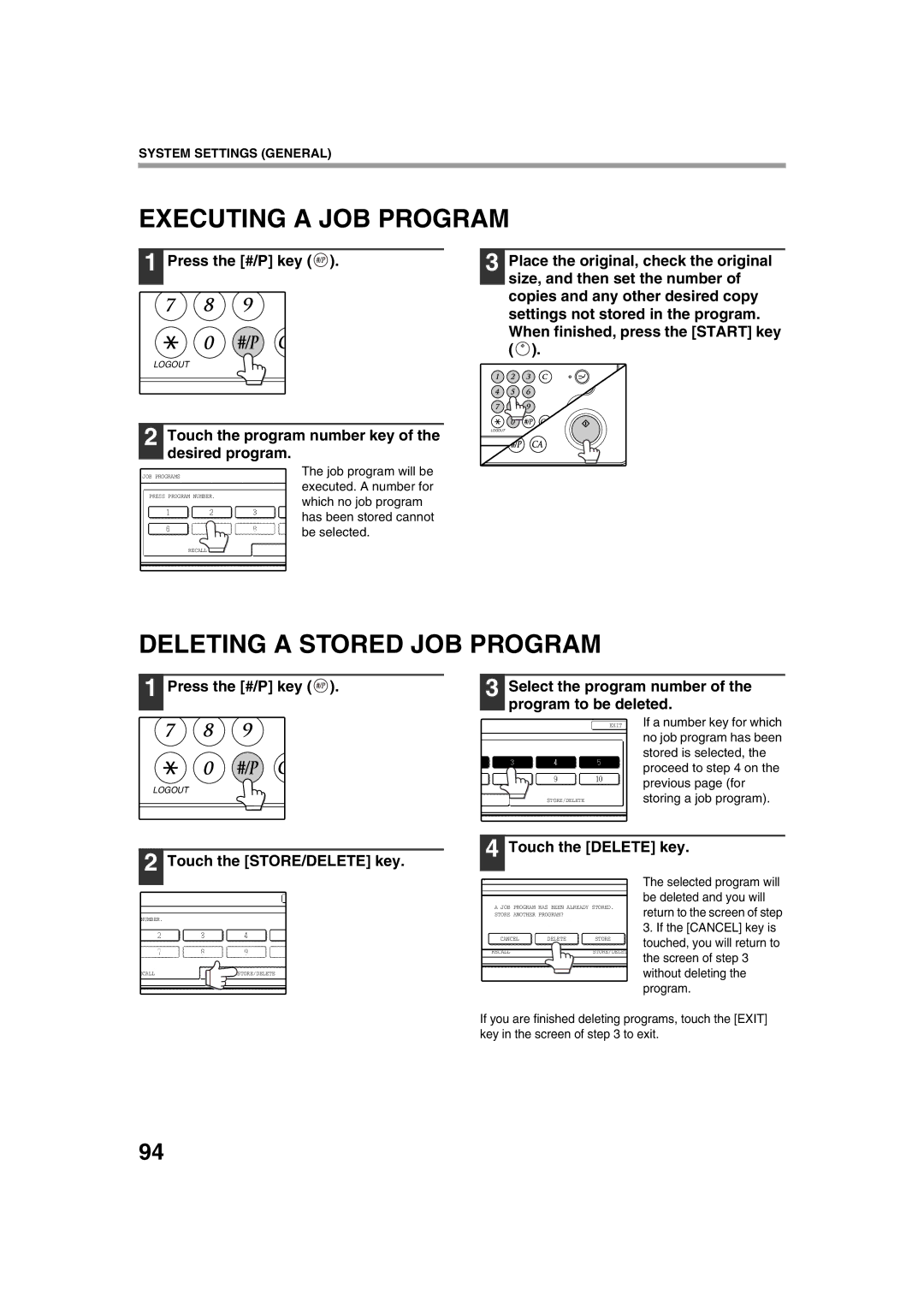 Sharp TINSE2026QSZZ operation manual Executing a JOB Program, Deleting a Stored JOB Program, Press the #/P key 