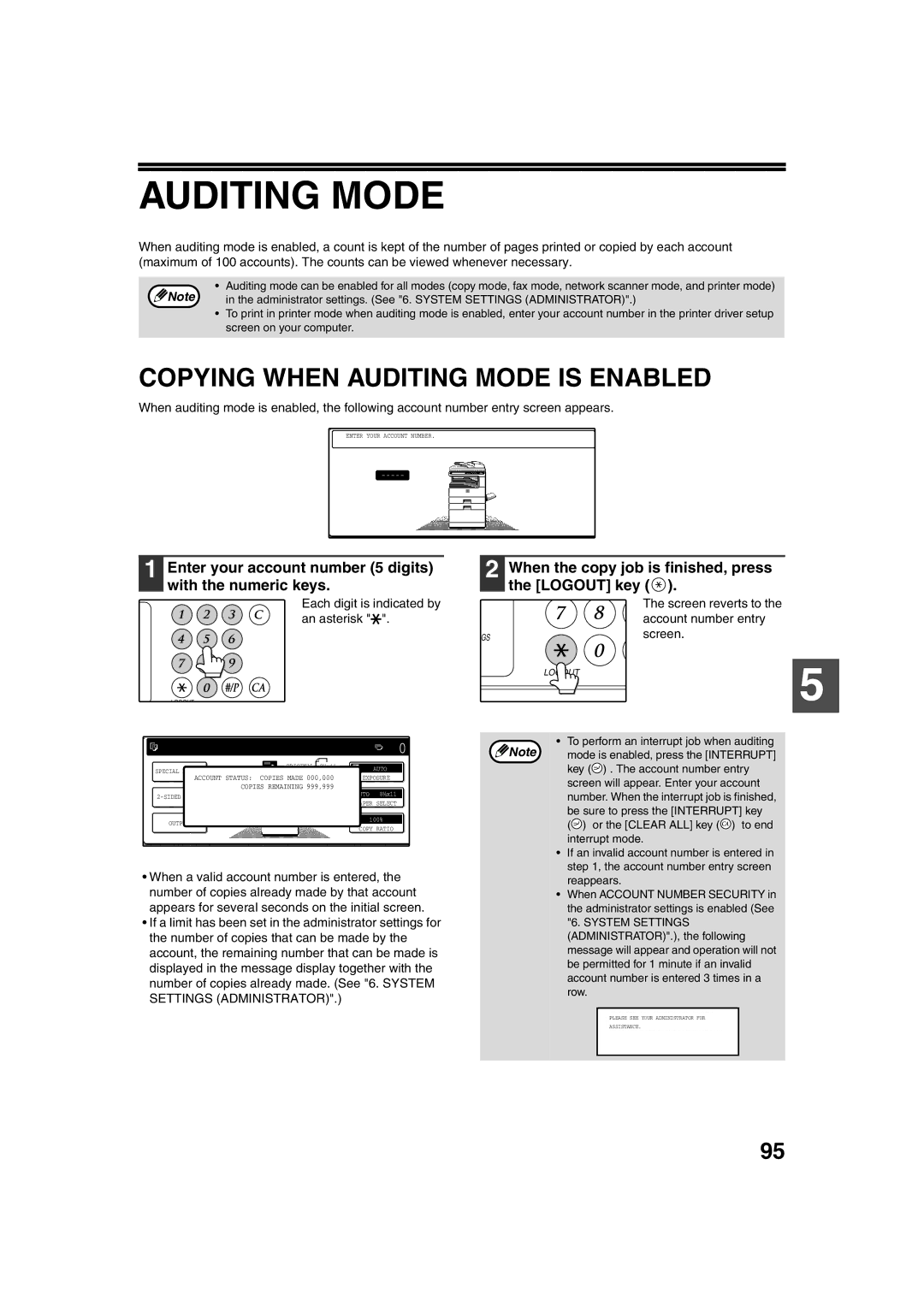 Sharp TINSE2026QSZZ Copying When Auditing Mode is Enabled, Enter your account number 5 digits with the numeric keys 