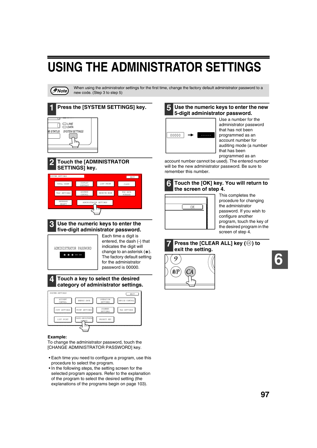 Sharp TINSE2026QSZZ Touch the Administrator Settings key, Touch the OK key. You will return to the screen of step, Example 