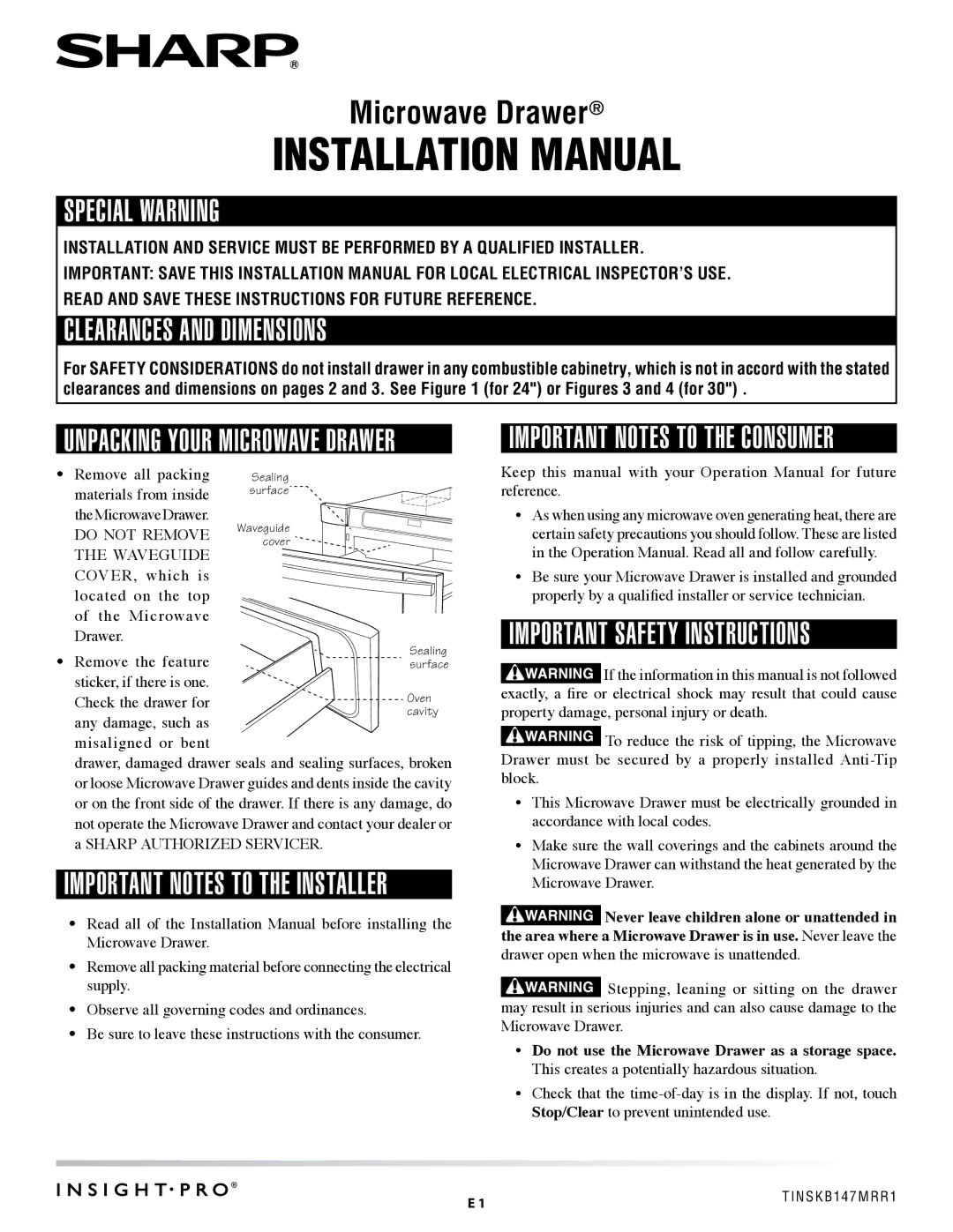 Sharp TINSKB147MRR1 installation manual Clearances and Dimensions, Important Safety Instructions 