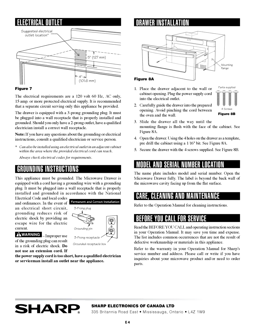 Sharp TINSKB147MRR1 Electrical Outlet, Grounding Instructions, Drawer Installation, Before you call for service 