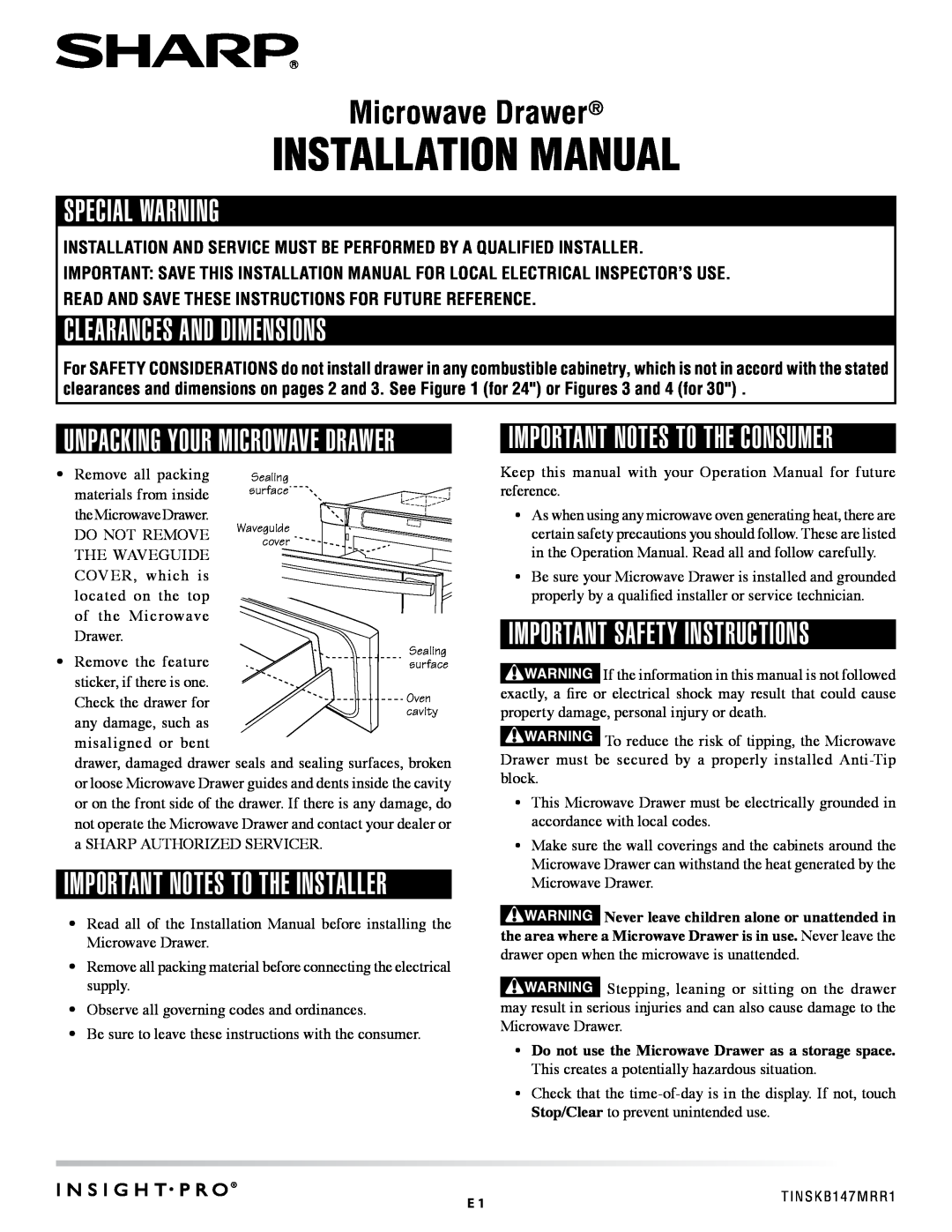 Sharp TINSKB147MRR1 installation manual Special Warning, Clearances and Dimensions, Important Safety Instructions 
