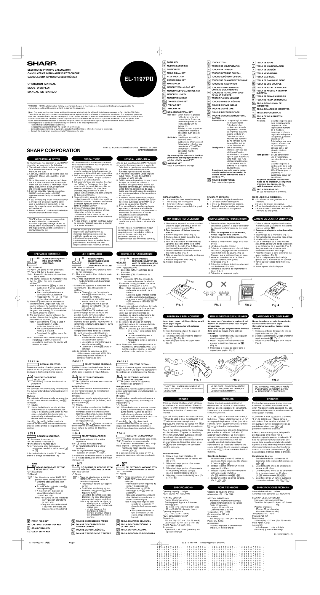 Sharp TINSZ0638EHZZ dimensions Operational Notes Précautions Notas AL Manejarla, Operating Controls, LES Commandes, Errors 