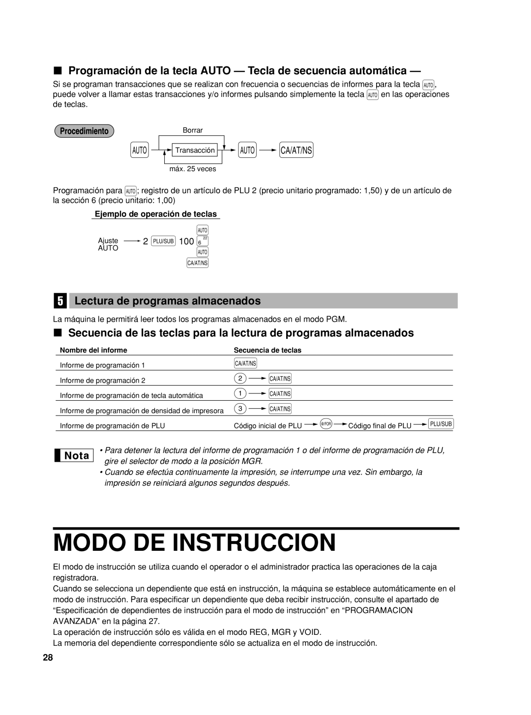 Sharp TINSZ2600RCZZ instruction manual Modo De Instruccion, Programación de la tecla AUTO - Tecla de secuencia automática 