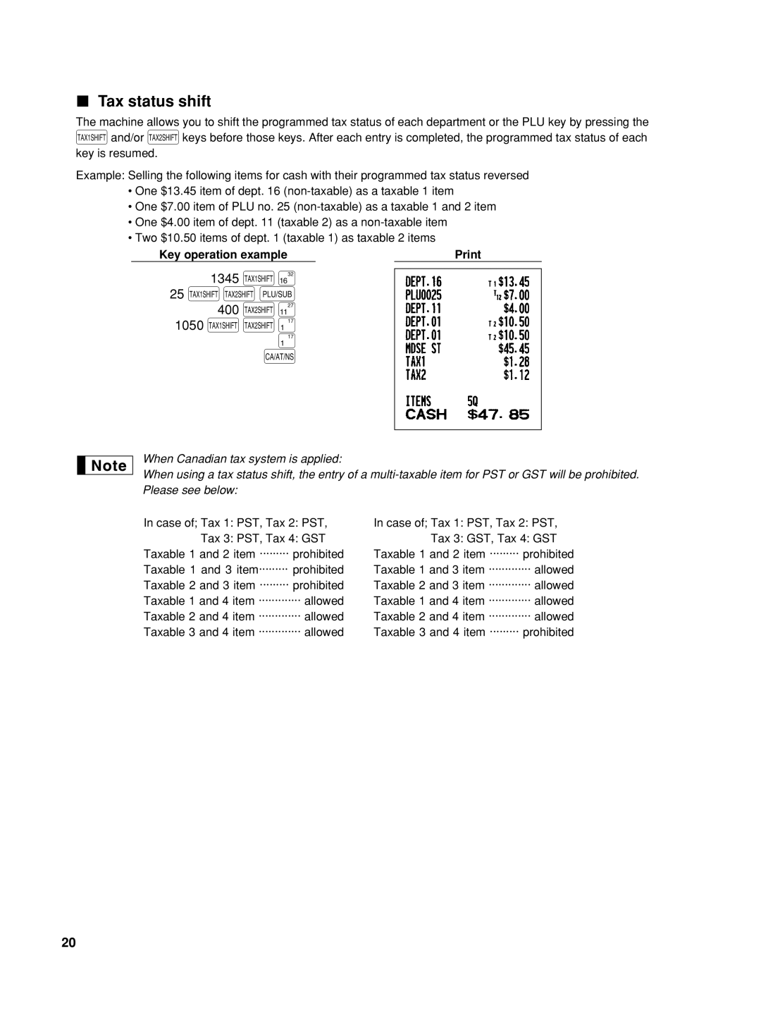 Sharp TINSZ2600RCZZ instruction manual TUp 400 U, Tax status shift, 1345 T, 1050 TU, Key operation example, Print 