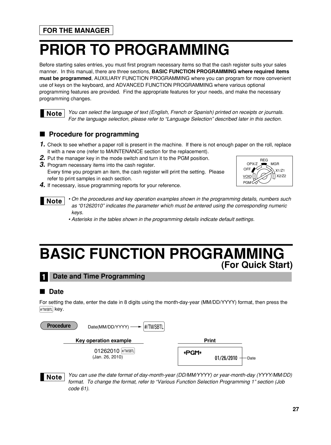 Sharp TINSZ2600RCZZ Prior To Programming, Basic Function Programming, For Quick Start, For The Manager, 01262010 s, Print 