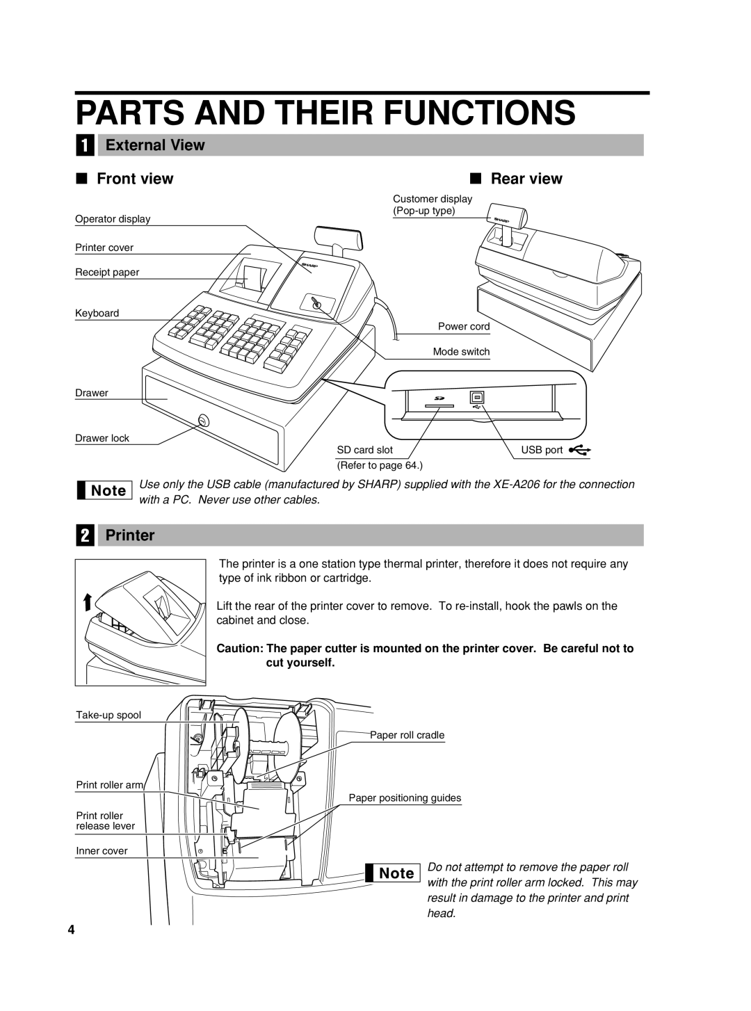 Sharp TINSZ2600RCZZ instruction manual Parts And Their Functions, External View, Front view, Rear view, Printer 