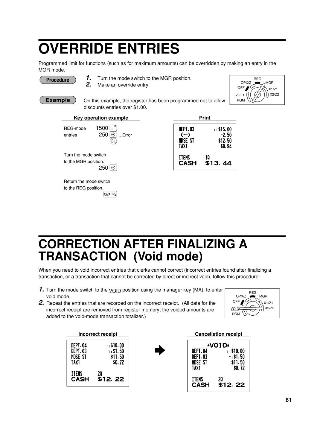 Sharp TINSZ2600RCZZ Override Entries, CORRECTION AFTER FINALIZING A TRANSACTION Void mode, Incorrect receipt, 1500, Print 