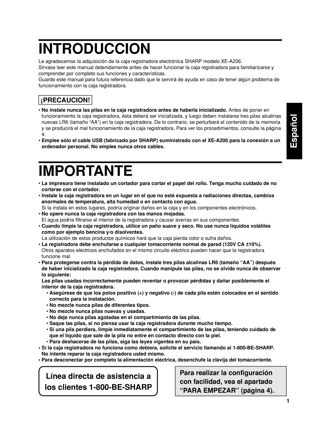 Sharp TINSZ2600RCZZ Introduccion, Importante, English Español, Línea directa de asistencia a, los clientes 1-800-BE-SHARP 