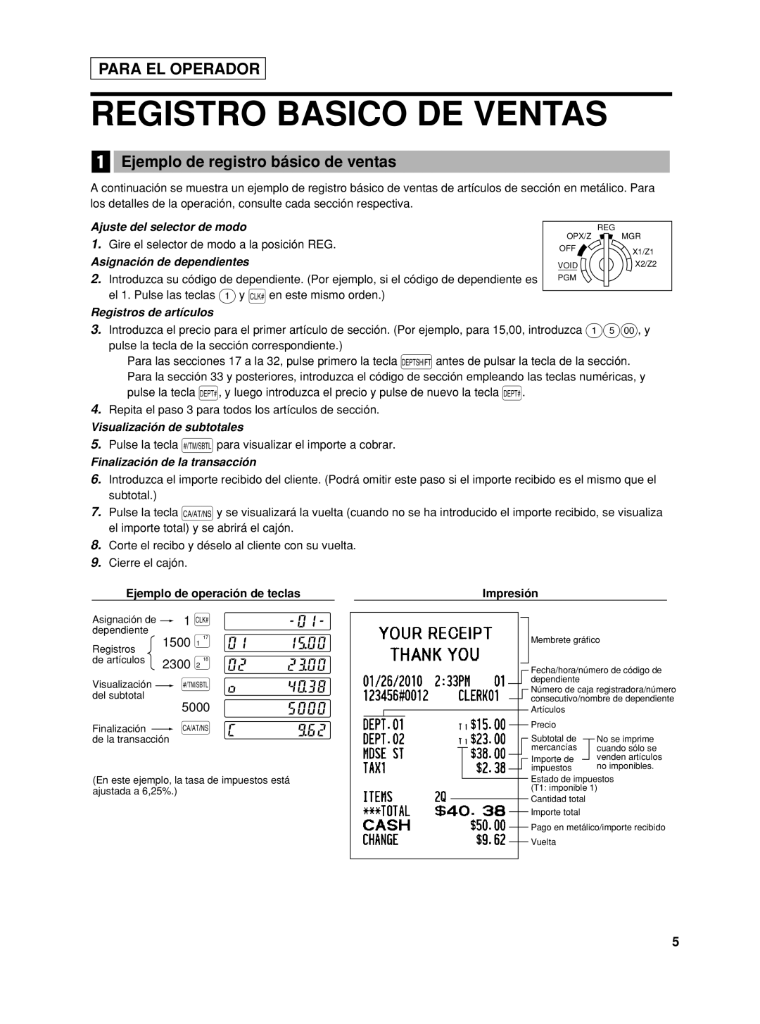 Sharp TINSZ2600RCZZ Registro Basico De Ventas, Para El Operador, Ejemplo de registro básico de ventas, Impresión, 1500 