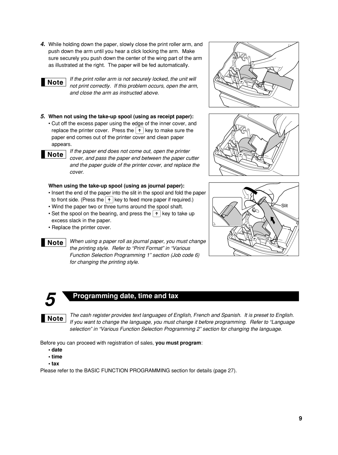 Sharp TINSZ2600RCZZ instruction manual When not using the take-up spool using as receipt paper, Date Time Tax 