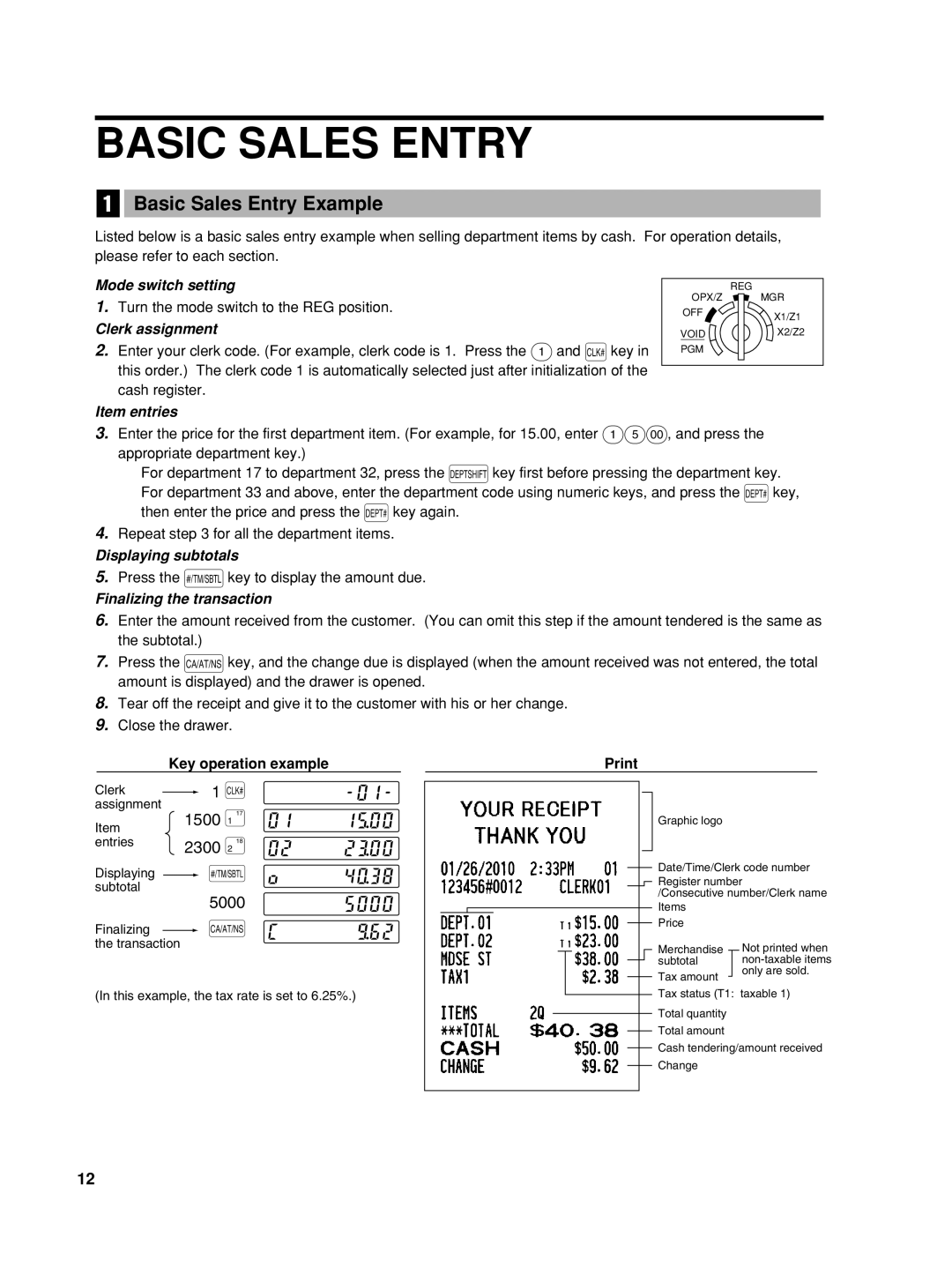 Sharp TINSZ2600RCZZ instruction manual Basic Sales Entry Example, 1500, 5000 