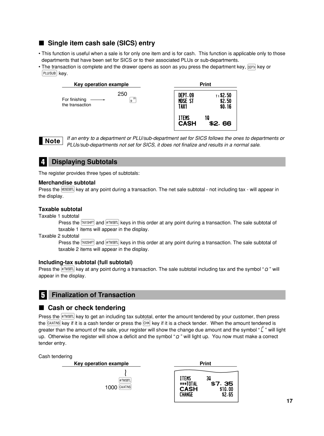 Sharp TINSZ2600RCZZ instruction manual Single item cash sale Sics entry, Displaying Subtotals 