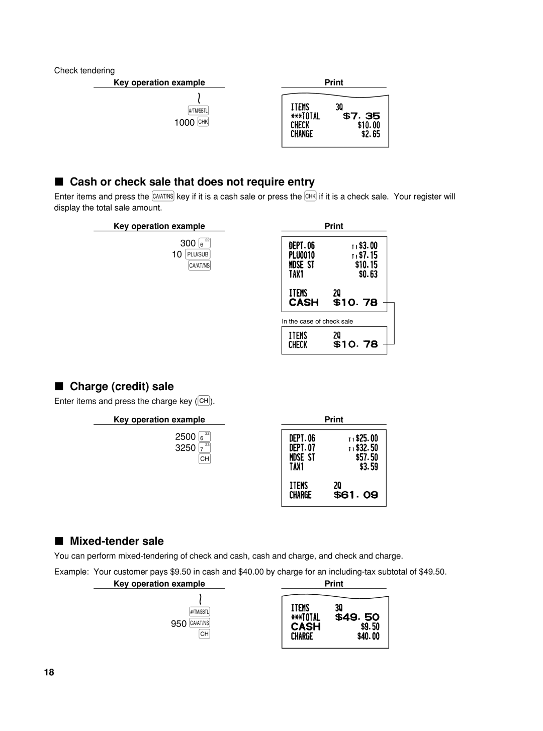 Sharp TINSZ2600RCZZ 300 +, Cash or check sale that does not require entry, Charge credit sale, Mixed-tender sale 