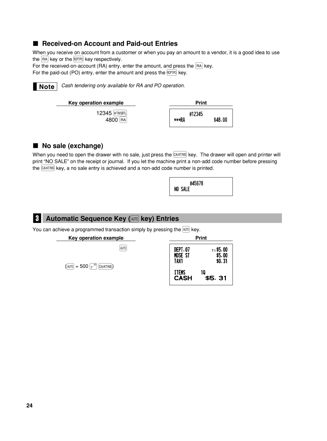 Sharp TINSZ2600RCZZ Received-on Account and Paid-out Entries, No sale exchange, Automatic Sequence Key akey Entries 