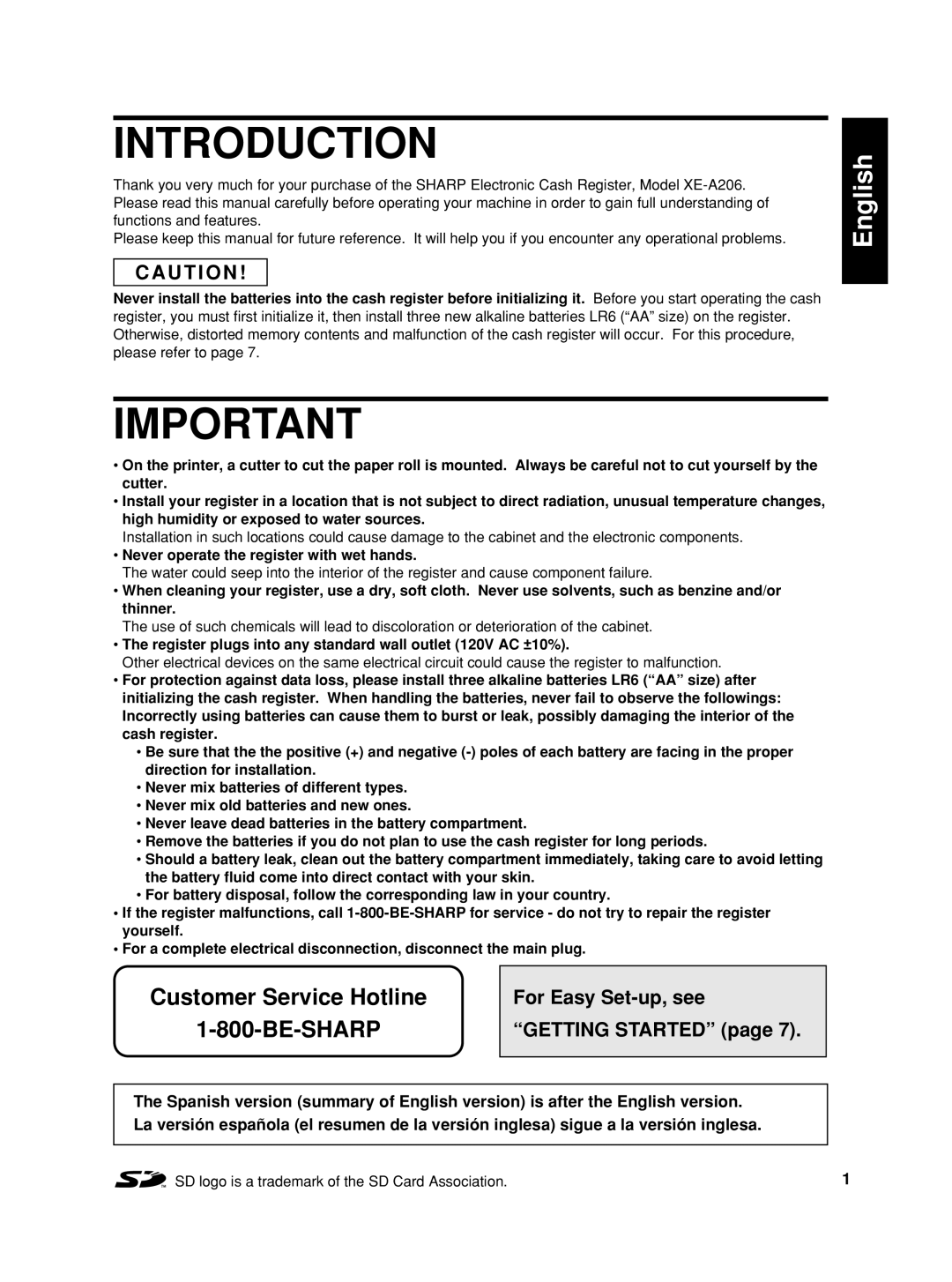 Sharp TINSZ2600RCZZ instruction manual Introduction, U T I O N, For Easy Set-up, see, Getting Started 