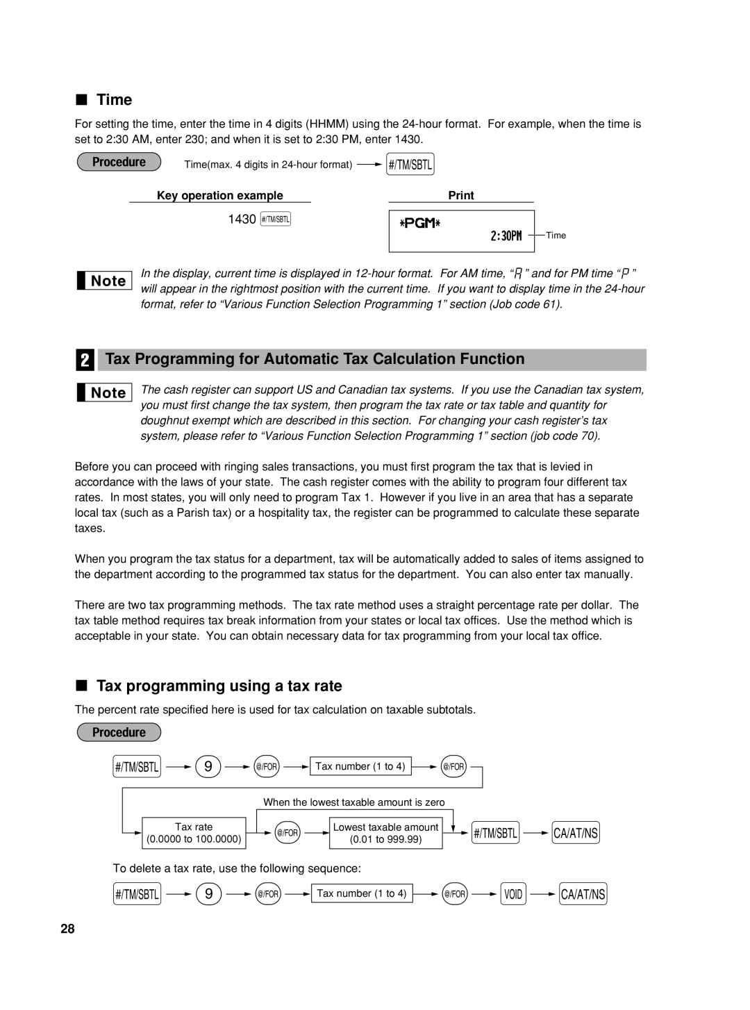 Sharp TINSZ2600RCZZ Time, Tax Programming for Automatic Tax Calculation Function, Tax programming using a tax rate, 1430 s 