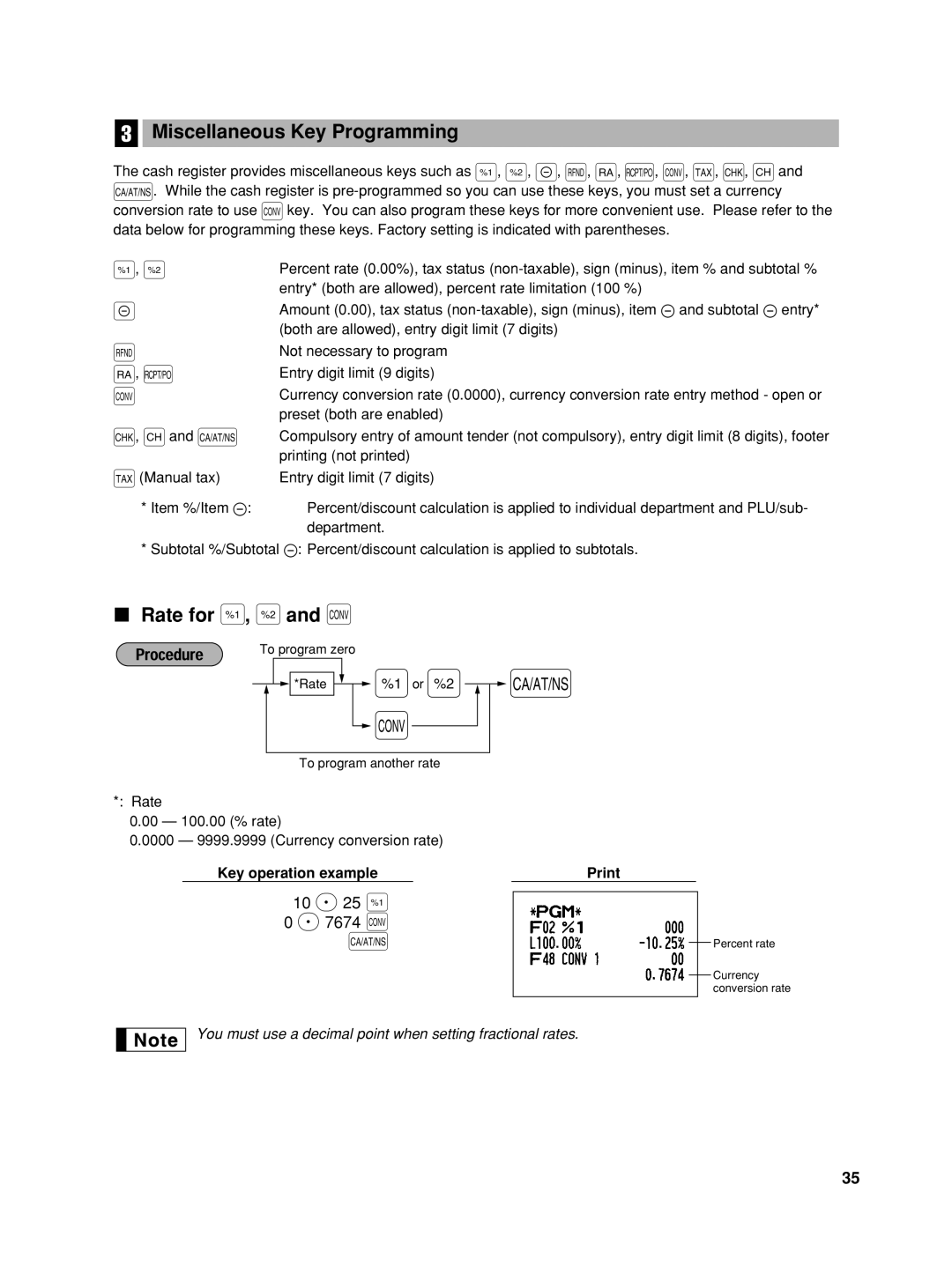 Sharp TINSZ2600RCZZ instruction manual Miscellaneous Key Programming, Rate for %, 10 P 25 % 7674 