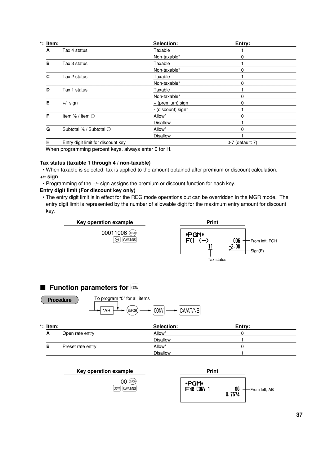 Sharp TINSZ2600RCZZ Function parameters for, 00011006 @, 00 @, +/- sign, Entry digit limit For discount key only 