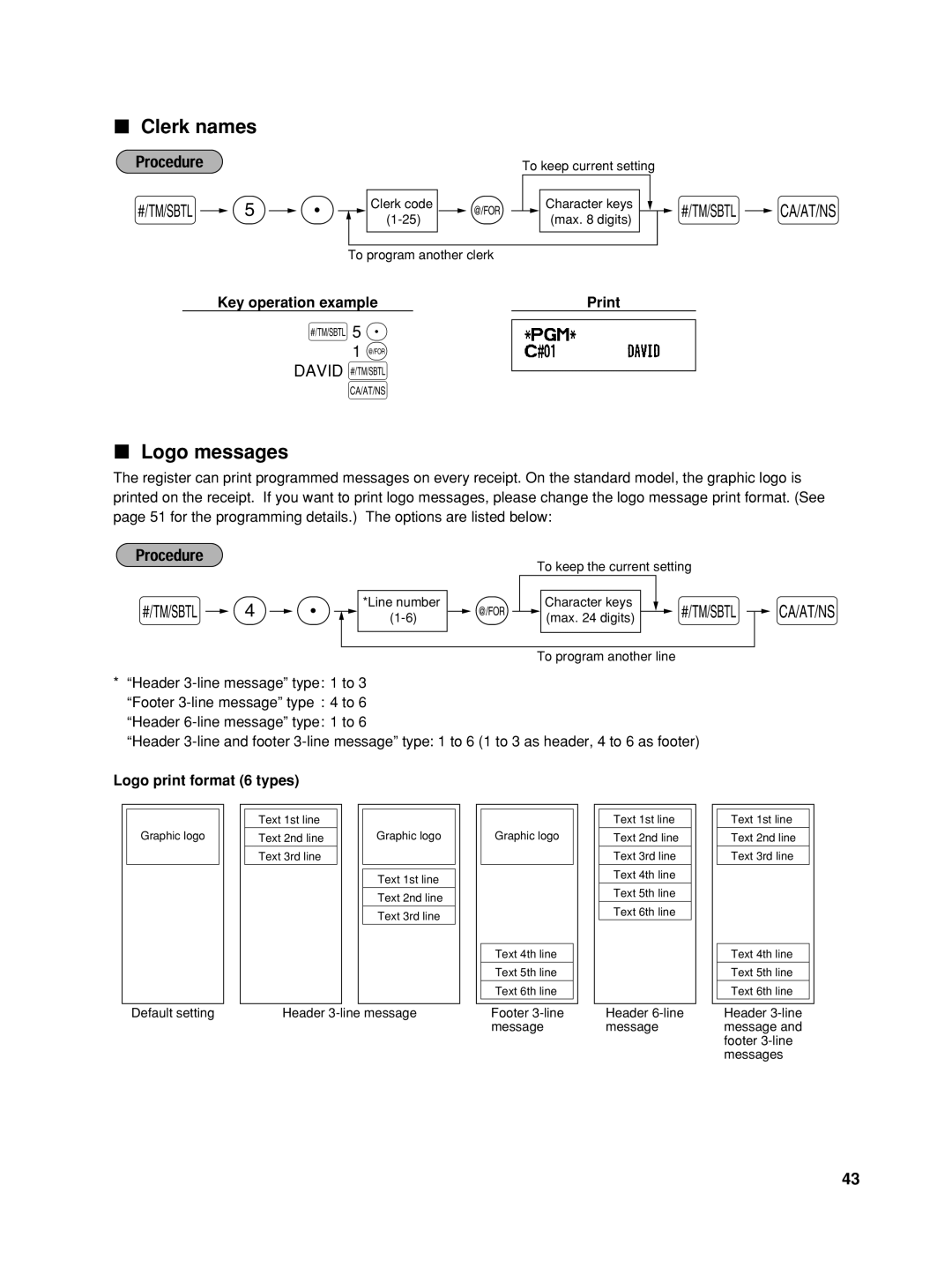 Sharp TINSZ2600RCZZ instruction manual Clerk names, Logo messages, David s, Logo print format 6 types 