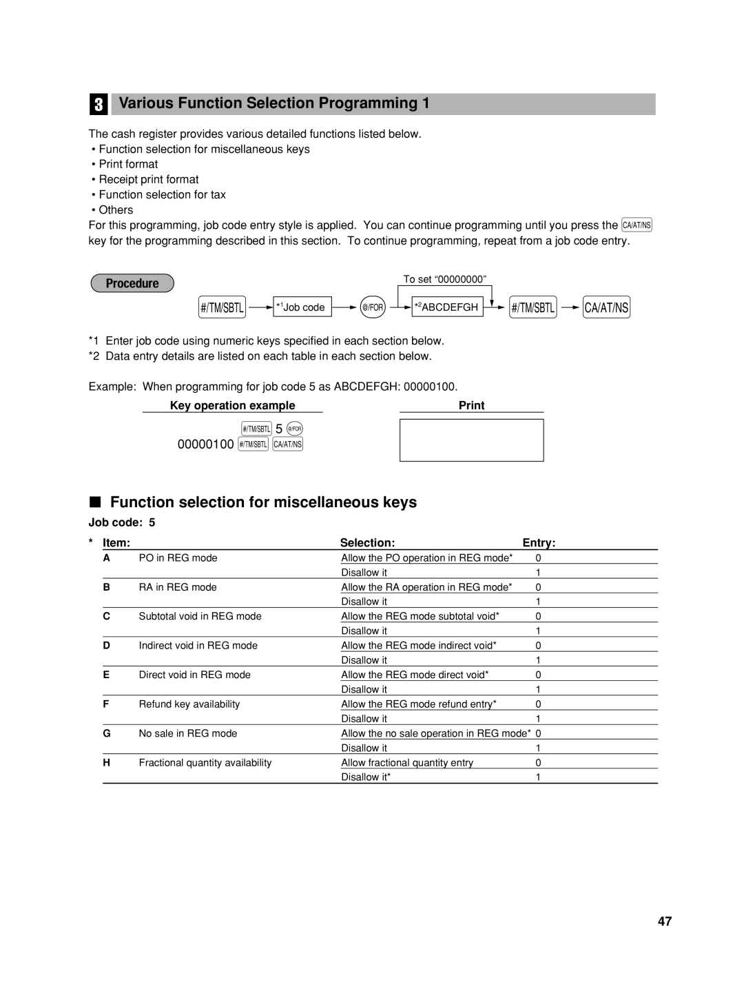 Sharp TINSZ2600RCZZ Various Function Selection Programming, Function selection for miscellaneous keys, 00000100 sA 