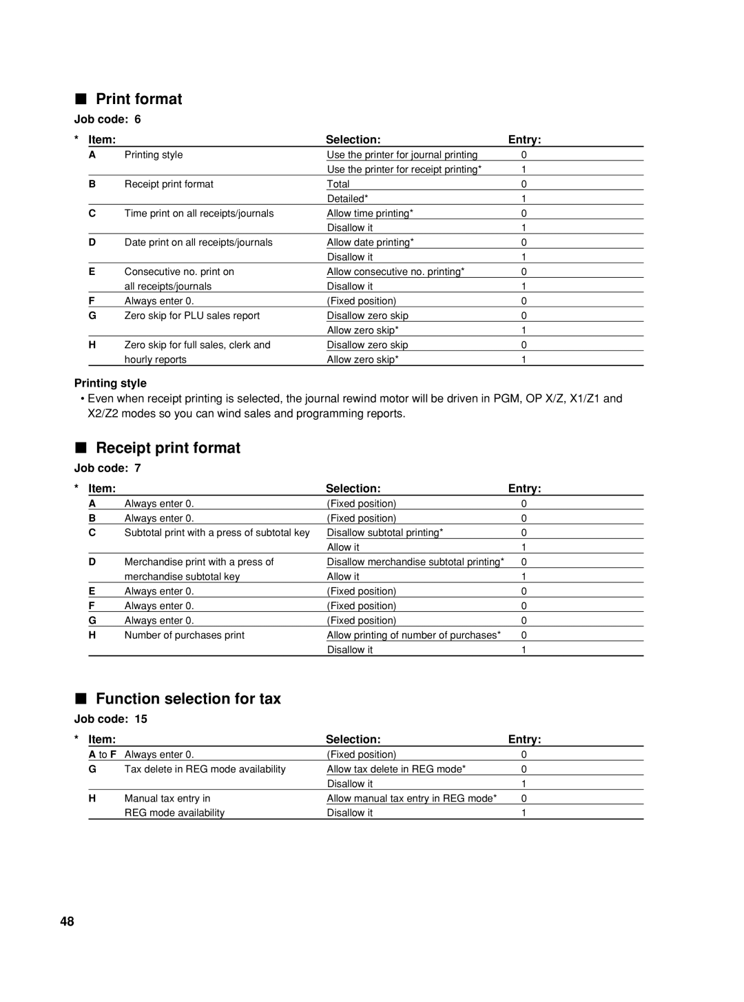 Sharp TINSZ2600RCZZ instruction manual Print format, Receipt print format, Function selection for tax, Printing style 