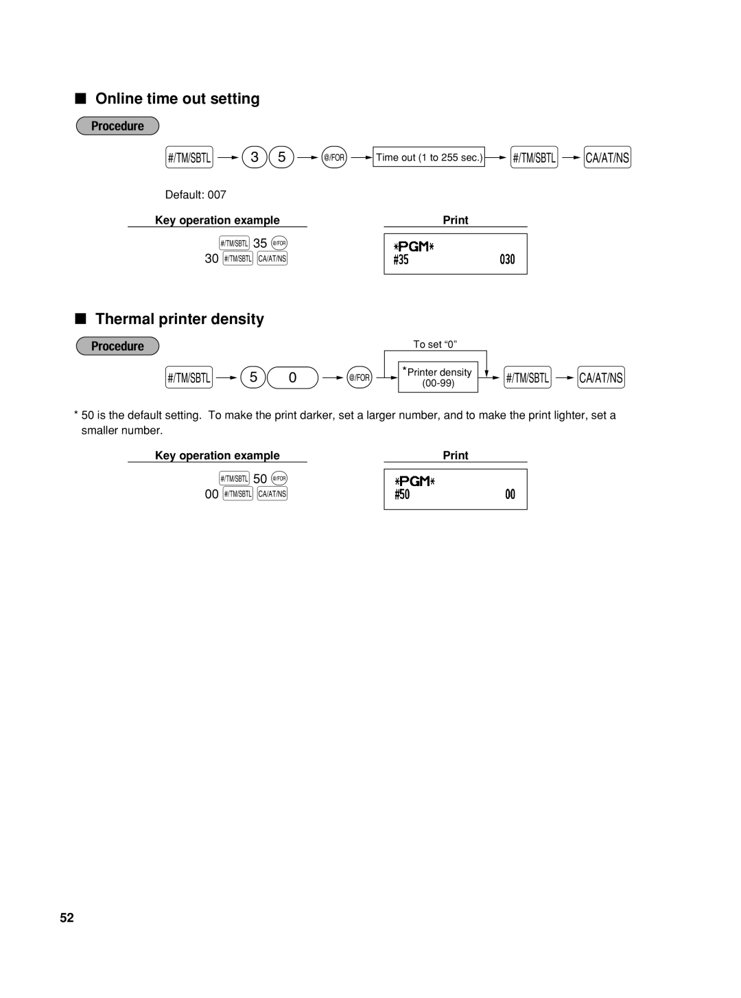 Sharp TINSZ2600RCZZ instruction manual Online time out setting, Thermal printer density, 35 @ 30 sA, 50 @ 00 sA 