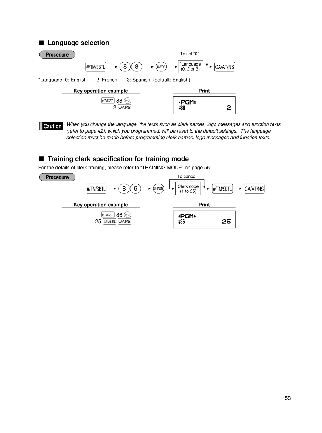 Sharp TINSZ2600RCZZ instruction manual 88 @, 86 @, Language selection, Training clerk specification for training mode 