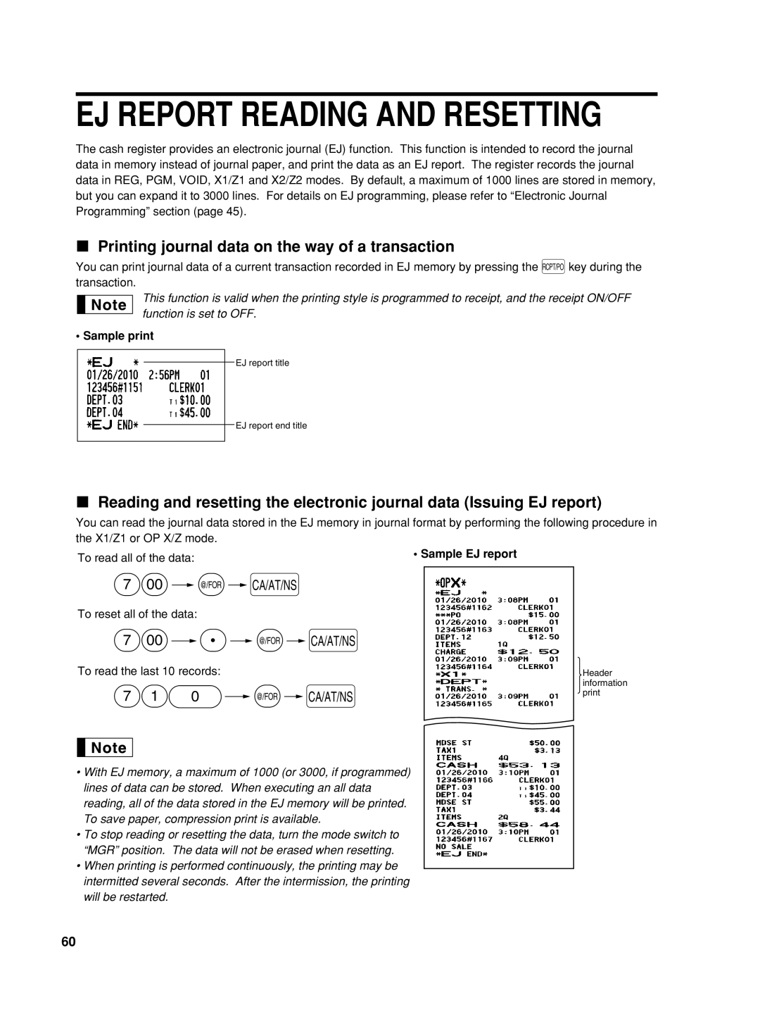 Sharp TINSZ2600RCZZ 710 @ a, Printing journal data on the way of a transaction, Sample print, Sample EJ report 