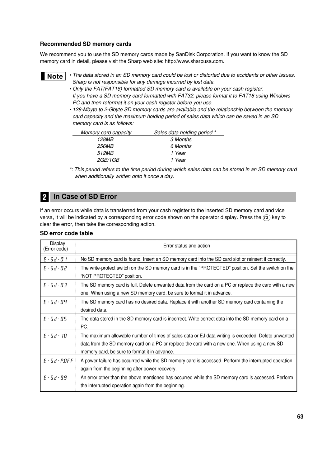 Sharp TINSZ2600RCZZ instruction manual Case of SD Error, Recommended SD memory cards, SD error code table 