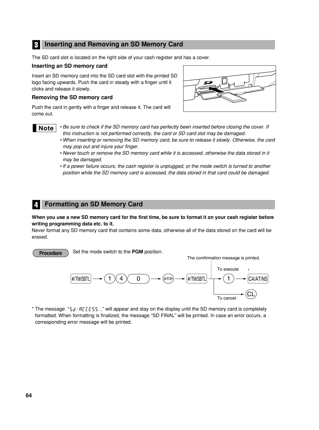 Sharp TINSZ2600RCZZ instruction manual 140 @ s, Inserting and Removing an SD Memory Card, Formatting an SD Memory Card 