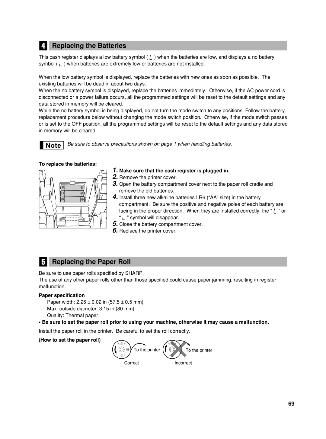 Sharp TINSZ2600RCZZ Replacing the Batteries, Replacing the Paper Roll, Paper specification, How to set the paper roll 