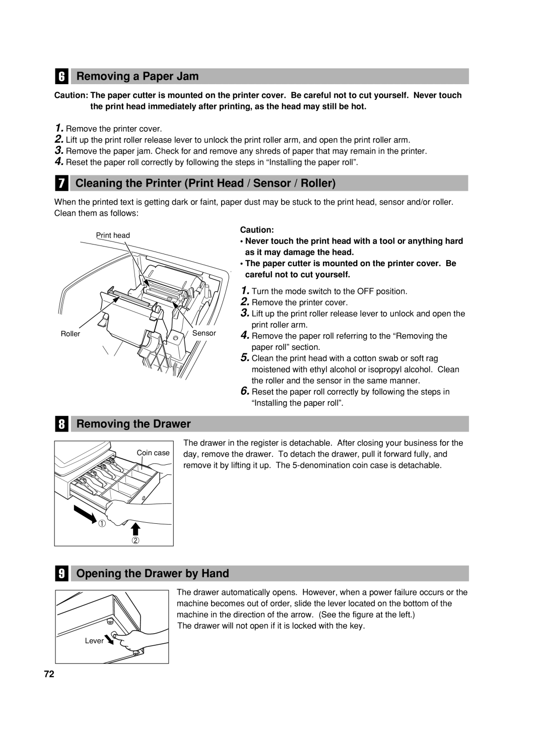 Sharp TINSZ2600RCZZ Removing a Paper Jam, Cleaning the Printer Print Head / Sensor / Roller, Removing the Drawer 