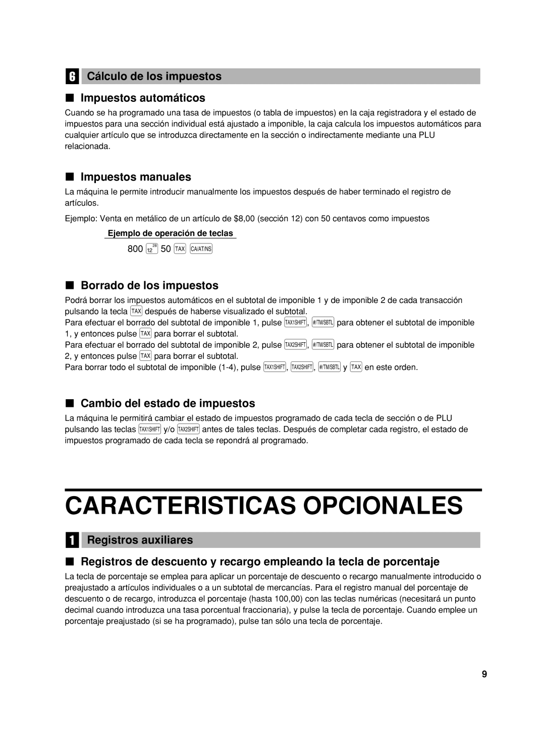 Sharp TINSZ2600RCZZ instruction manual Caracteristicas Opcionales, 800 50 t a 