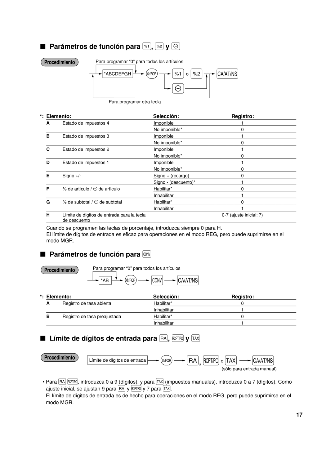 Sharp TINSZ2600RCZZ instruction manual Parámetros de función para %, & y, Límite de dígitos de entrada para r, R y t 