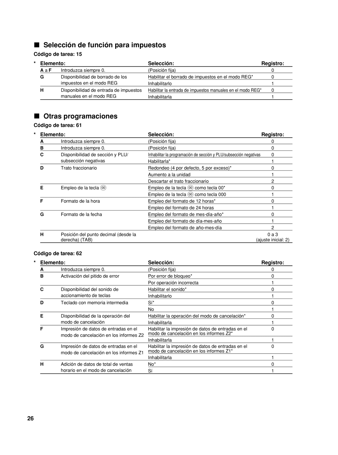 Sharp XE-A22S, TINSZ2601RCZZ, XEA22SR instruction manual Selección de función para impuestos, Otras programaciones 