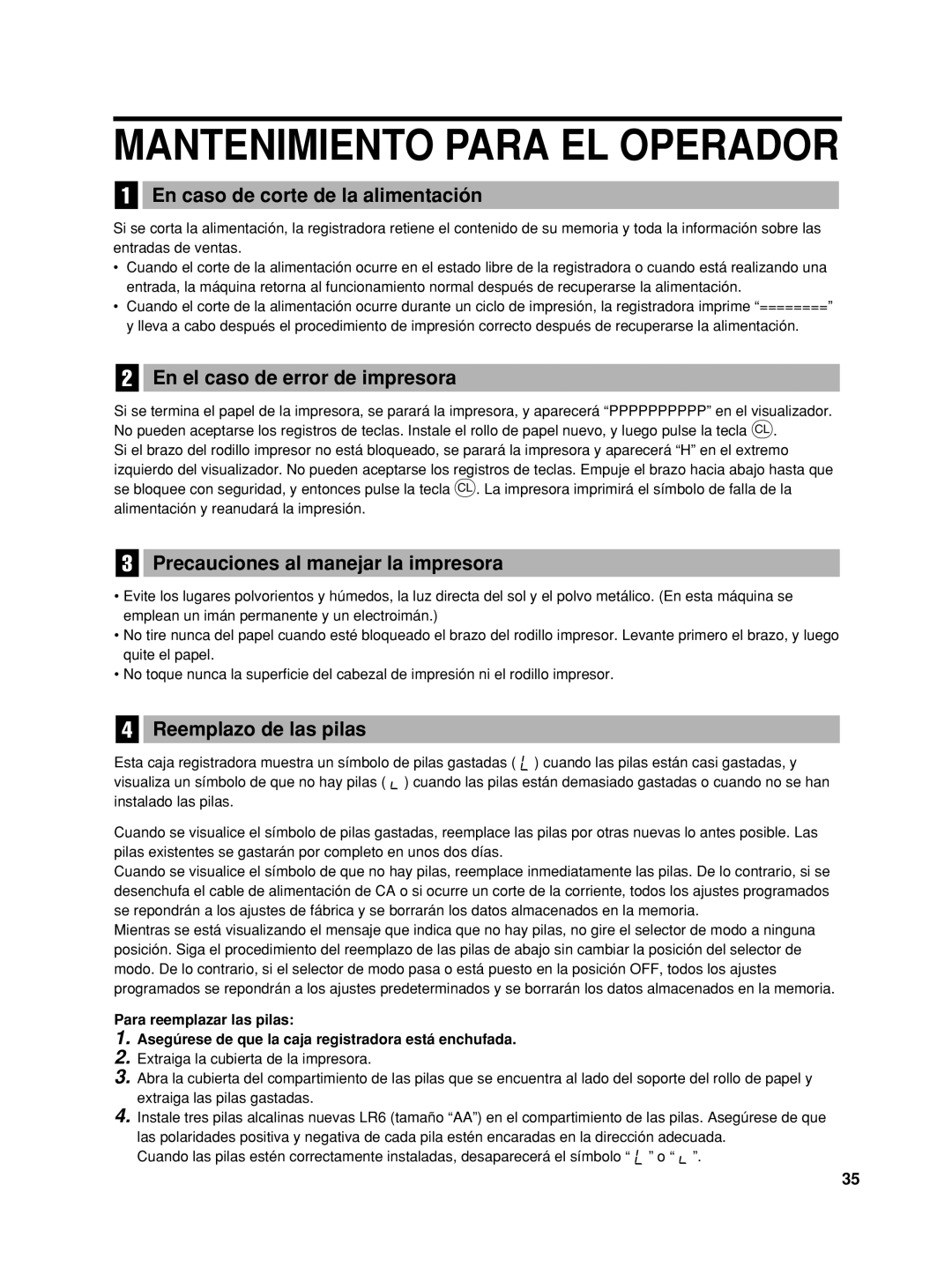 Sharp XE-A22S En caso de corte de la alimentación, En el caso de error de impresora, Precauciones al manejar la impresora 