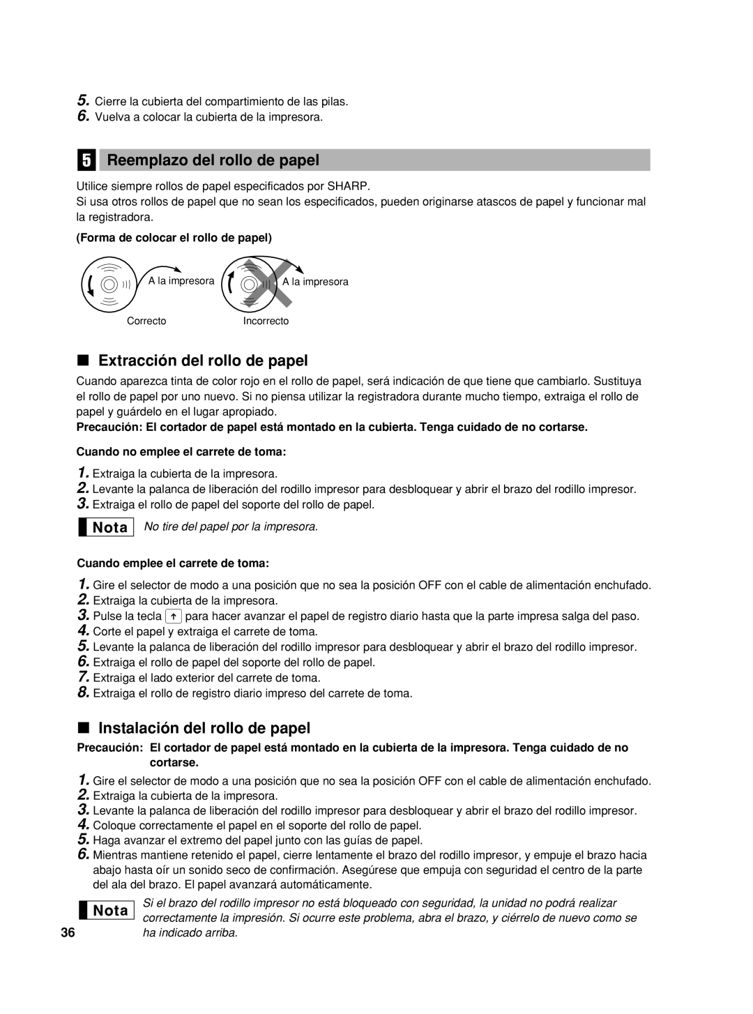 Sharp TINSZ2601RCZZ, XEA22SR Reemplazo del rollo de papel, Extracción del rollo de papel, Instalación del rollo de papel 