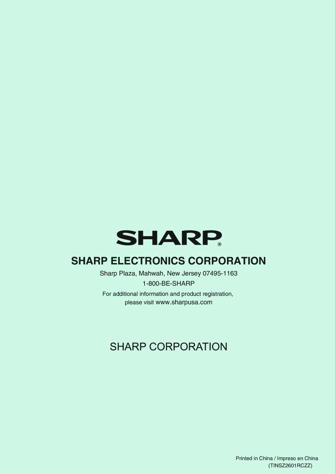 Sharp TINSZ2601RCZZ, XEA22SR, XE-A22S Sharp Electronics Corporation, Sharp Plaza, Mahwah, New Jersey BE-SHARP 