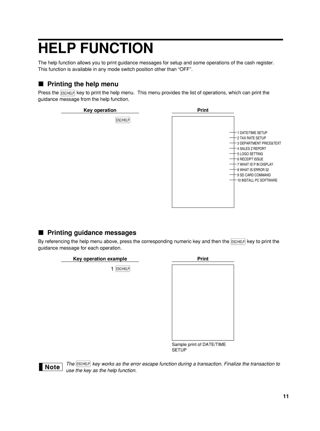 Sharp XEA22SR, TINSZ2601RCZZ Help Function, Printing the help menu, Printing guidance messages, Key operation Print 