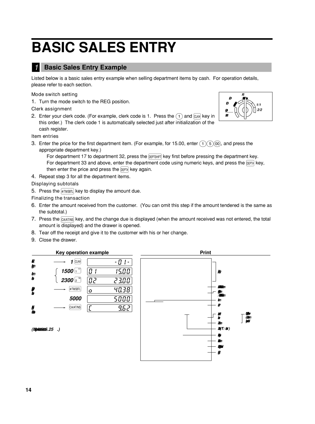 Sharp XEA22SR, TINSZ2601RCZZ, XE-A22S instruction manual Basic Sales Entry Example, 1500, 5000, Key operation example 