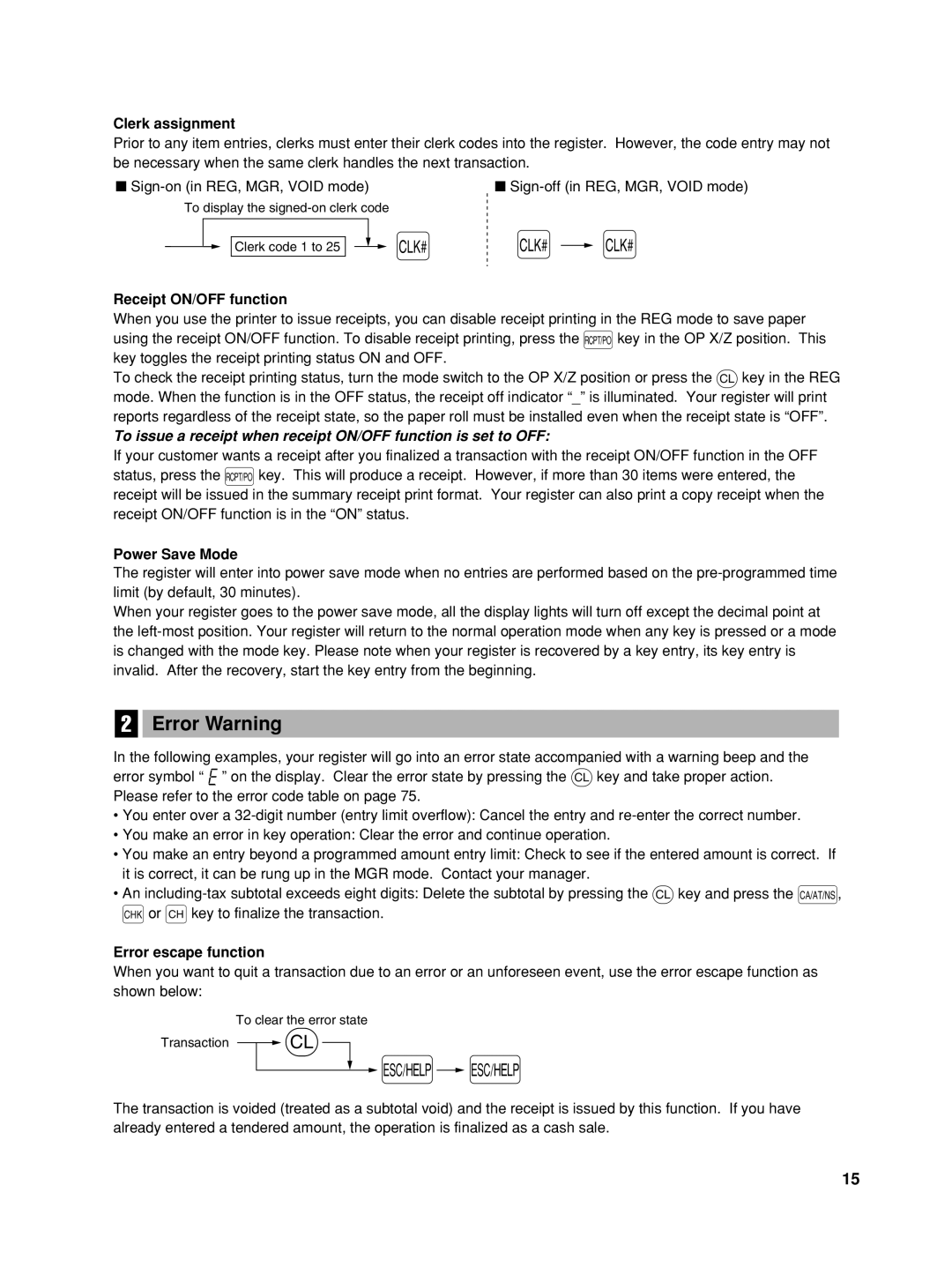 Sharp XE-A22S, XEA22SR Error Warning, Clerk assignment, Receipt ON/OFF function, Power Save Mode, Error escape function 