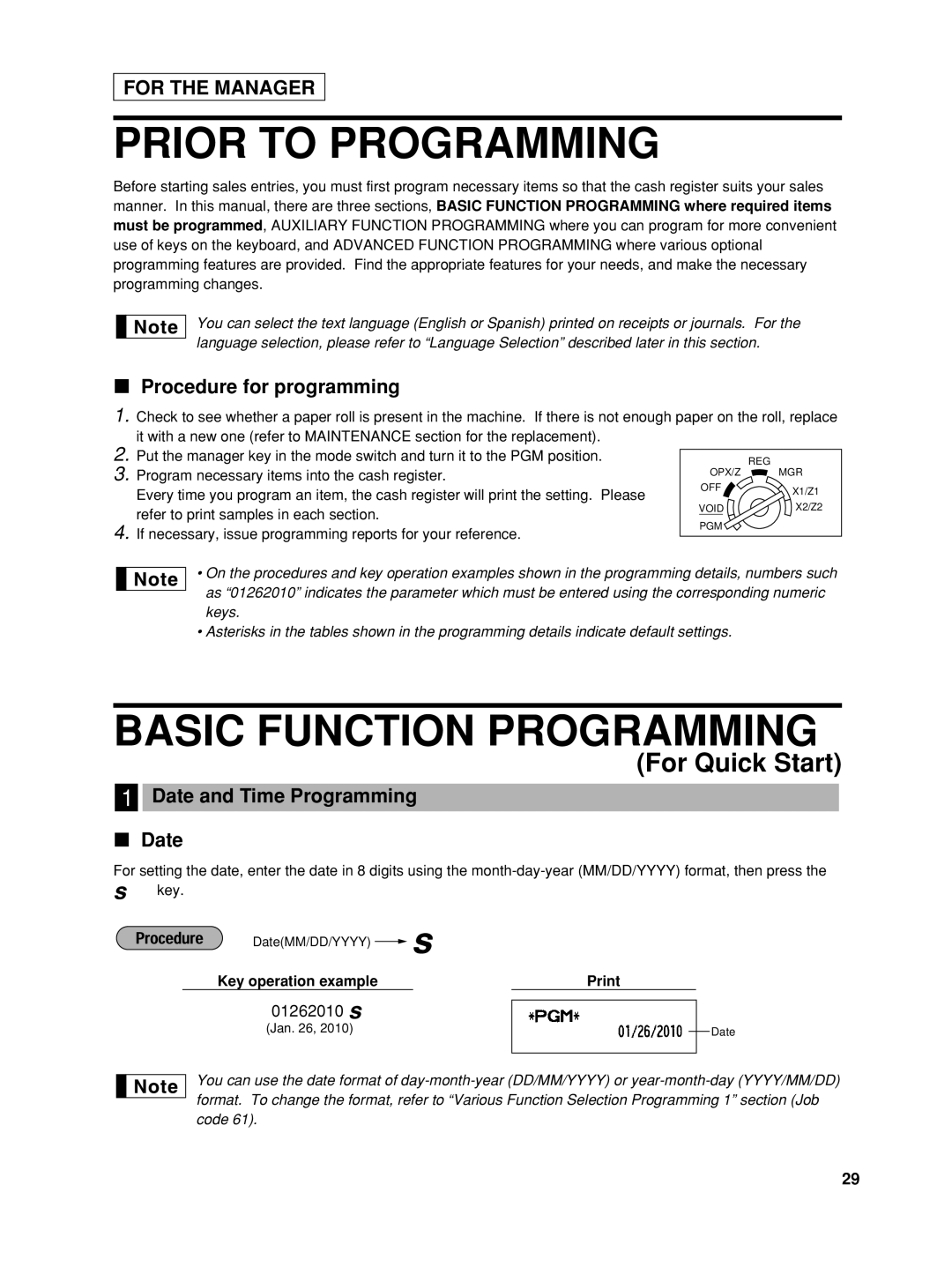 Sharp XEA22SR Prior to Programming, Basic Function Programming, Procedure for programming, Date and Time Programming 