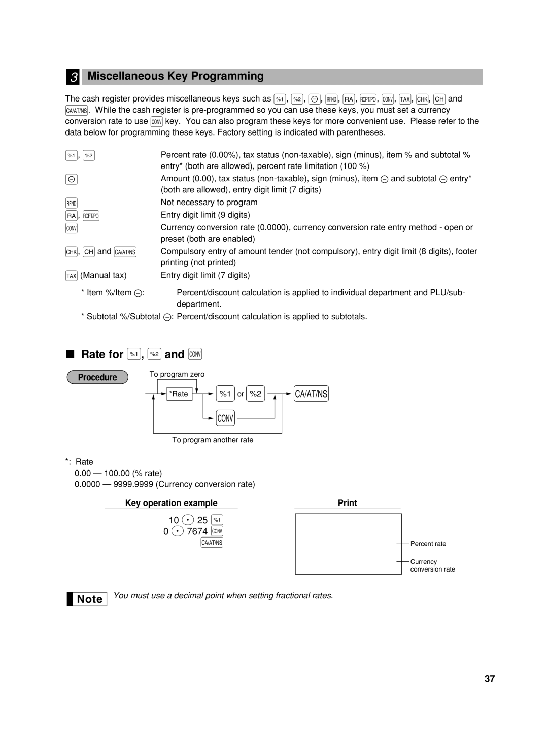 Sharp TINSZ2601RCZZ, XEA22SR, XE-A22S instruction manual Miscellaneous Key Programming, Rate for %, 10 P 25 % 7674 