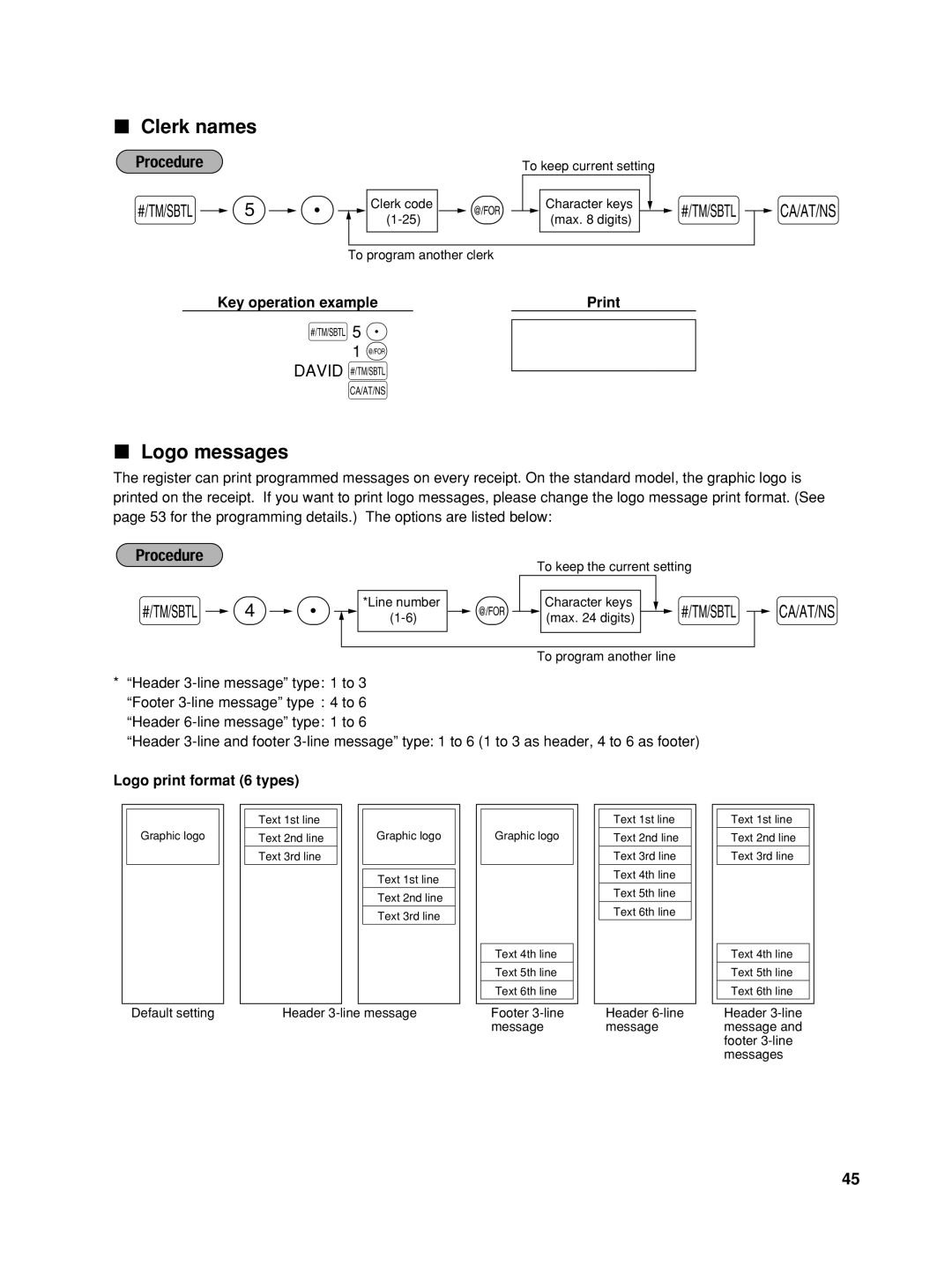 Sharp XE-A22S, TINSZ2601RCZZ, XEA22SR instruction manual Clerk names, Logo messages, David s, Logo print format 6 types 