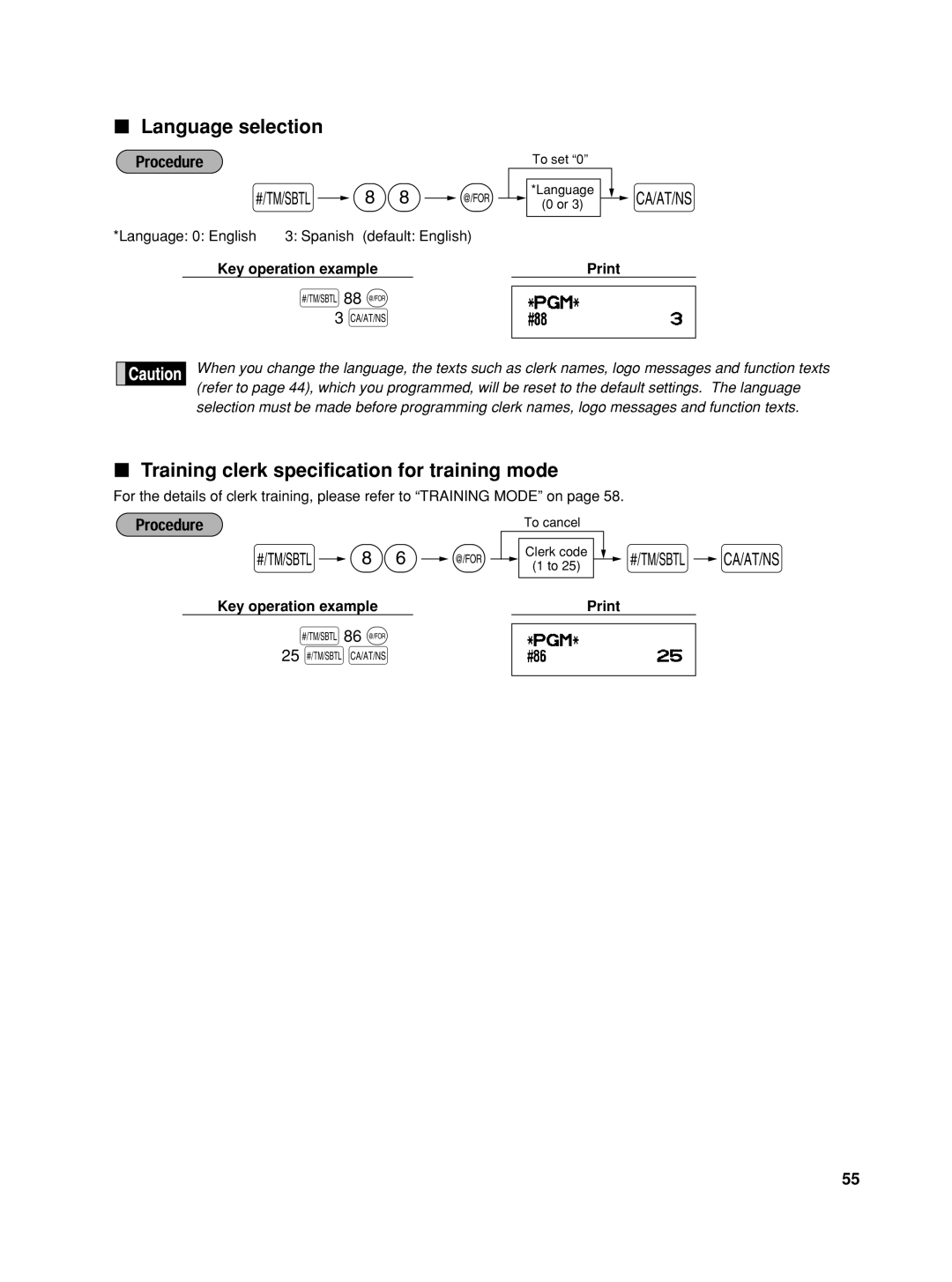 Sharp TINSZ2601RCZZ, XEA22SR, XE-A22S 88 @, 86 @, Language selection, Training clerk specification for training mode 