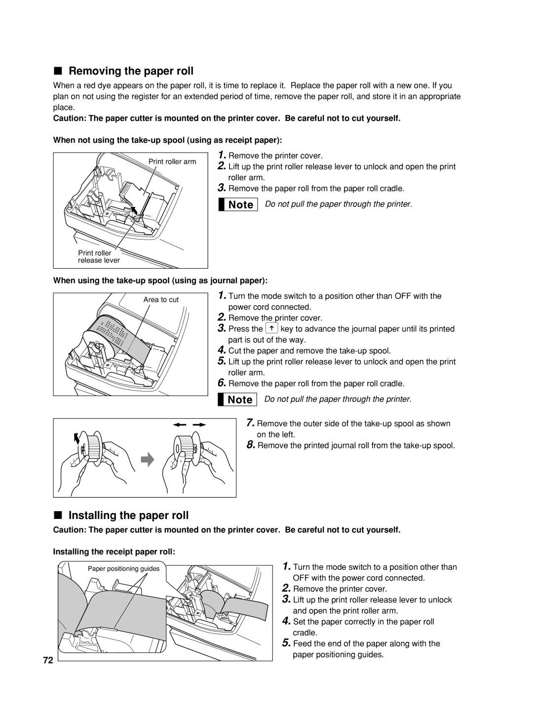 Sharp XE-A22S, TINSZ2601RCZZ, XEA22SR Removing the paper roll, Installing the paper roll, Installing the receipt paper roll 