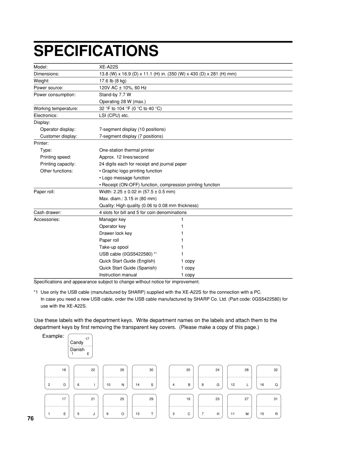 Sharp TINSZ2601RCZZ, XEA22SR instruction manual Specifications, XE-A22S 