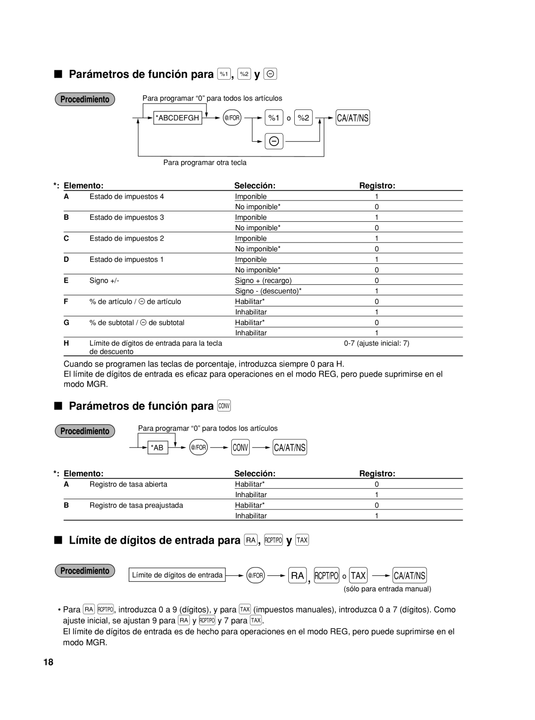 Sharp TINSZ2601RCZZ, XEA22SR, XE-A22S Parámetros de función para %, &y, Límite de dígitos de entrada para r, Ry t 