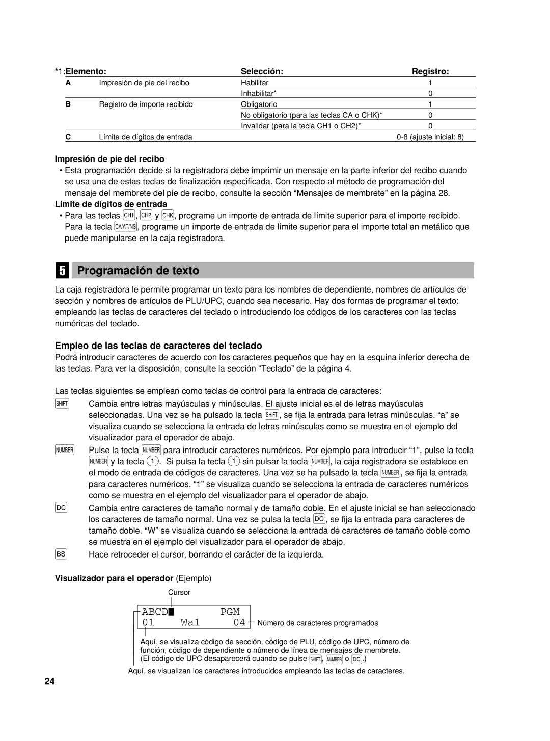 Sharp TINSZ2602RCZZ Programación de texto, Empleo de las teclas de caracteres del teclado, 1Elemento Selección Registro 